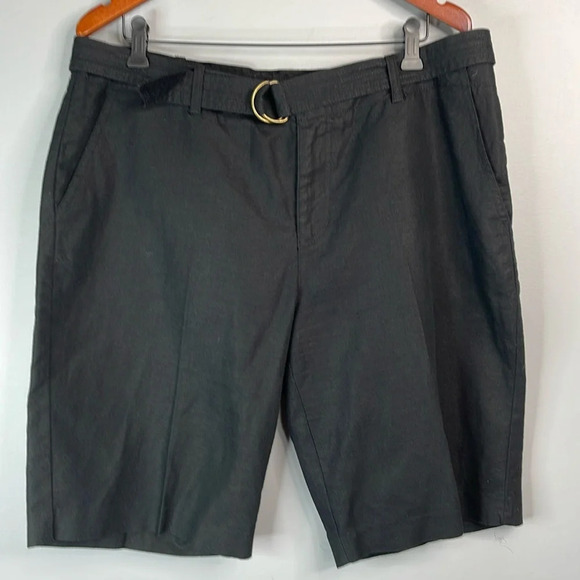 LIZ CLAIBORNE Black Linen Blend Dressy Bermuda Shorts Belt Pockets Flat Front 16 - Picture 10 of 10